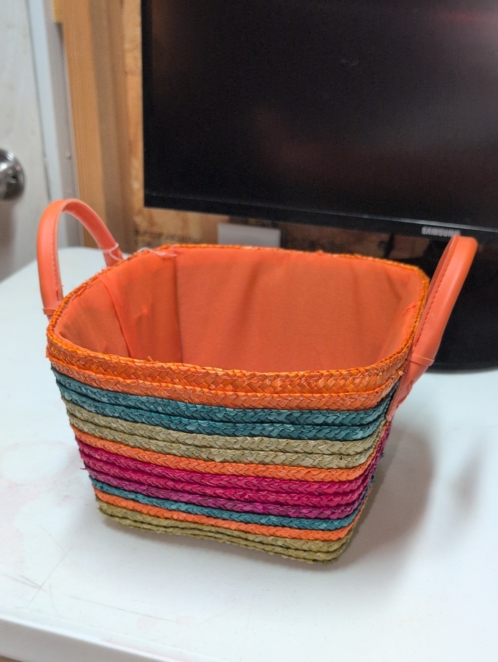 Bright Orange Multicolor  Square Woven Storage Basket -